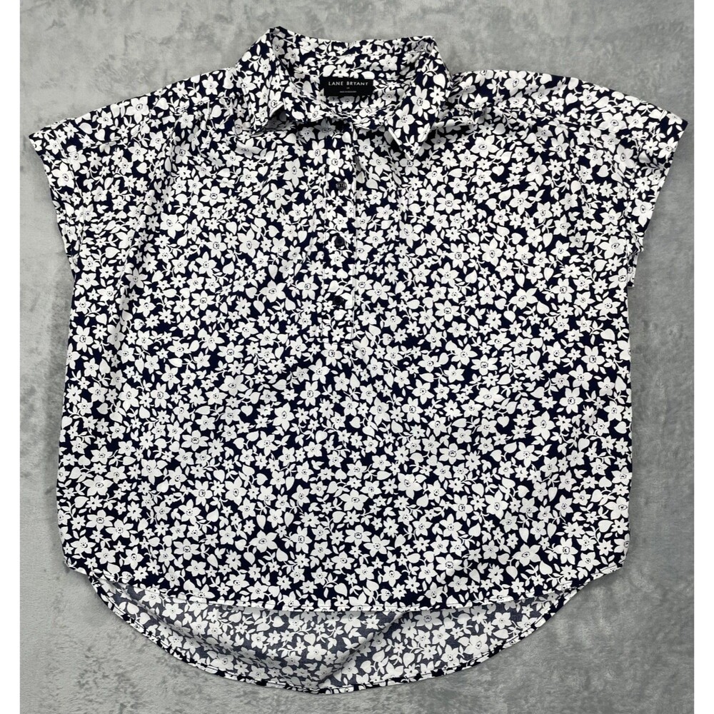 Lane Bryant Size 14 Navy W/ White Floral Top V-Neck Pullover Casual Daily Blouse